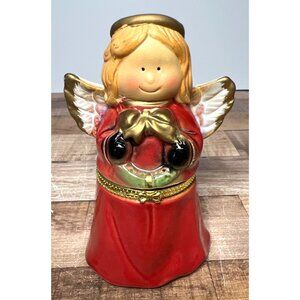 Ceramic Angel Figurine Red & Gold Hand-Painted Trinket Box Hinged